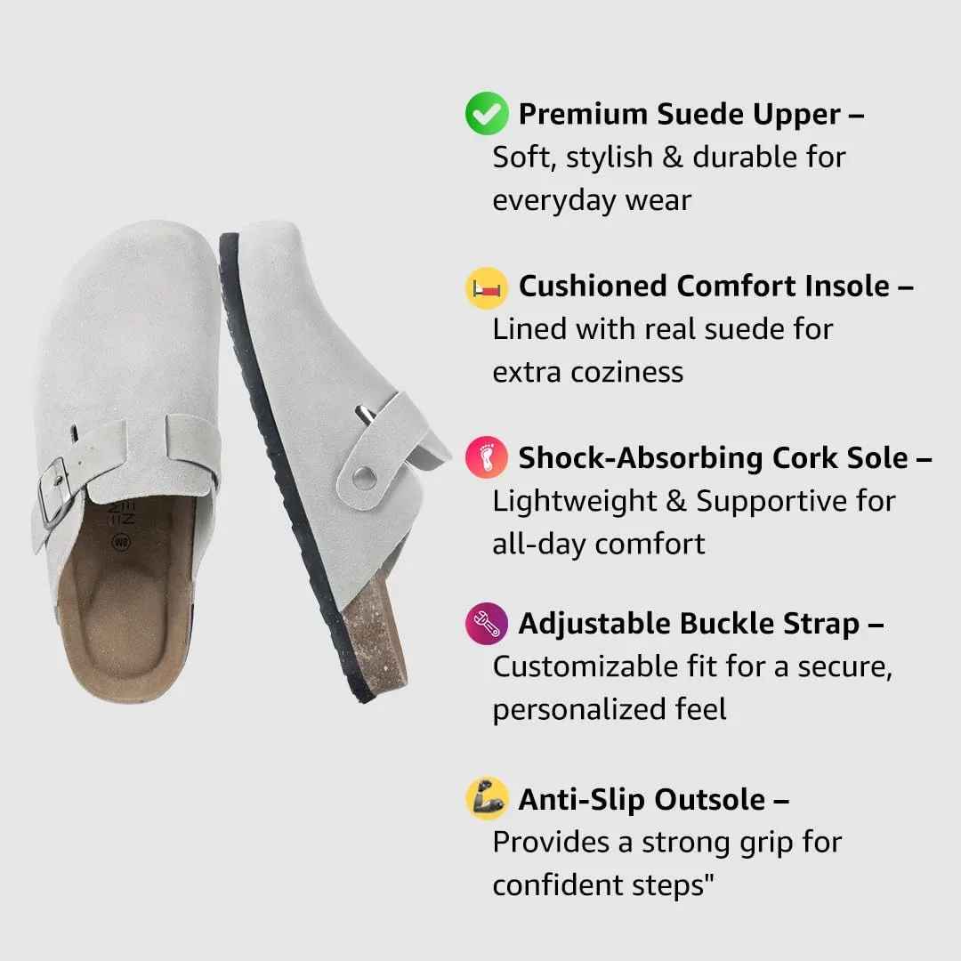 Women's Suede Clogs Slip-On Buckle Slides Leather Mules Cork Footbed Sandals P view 6