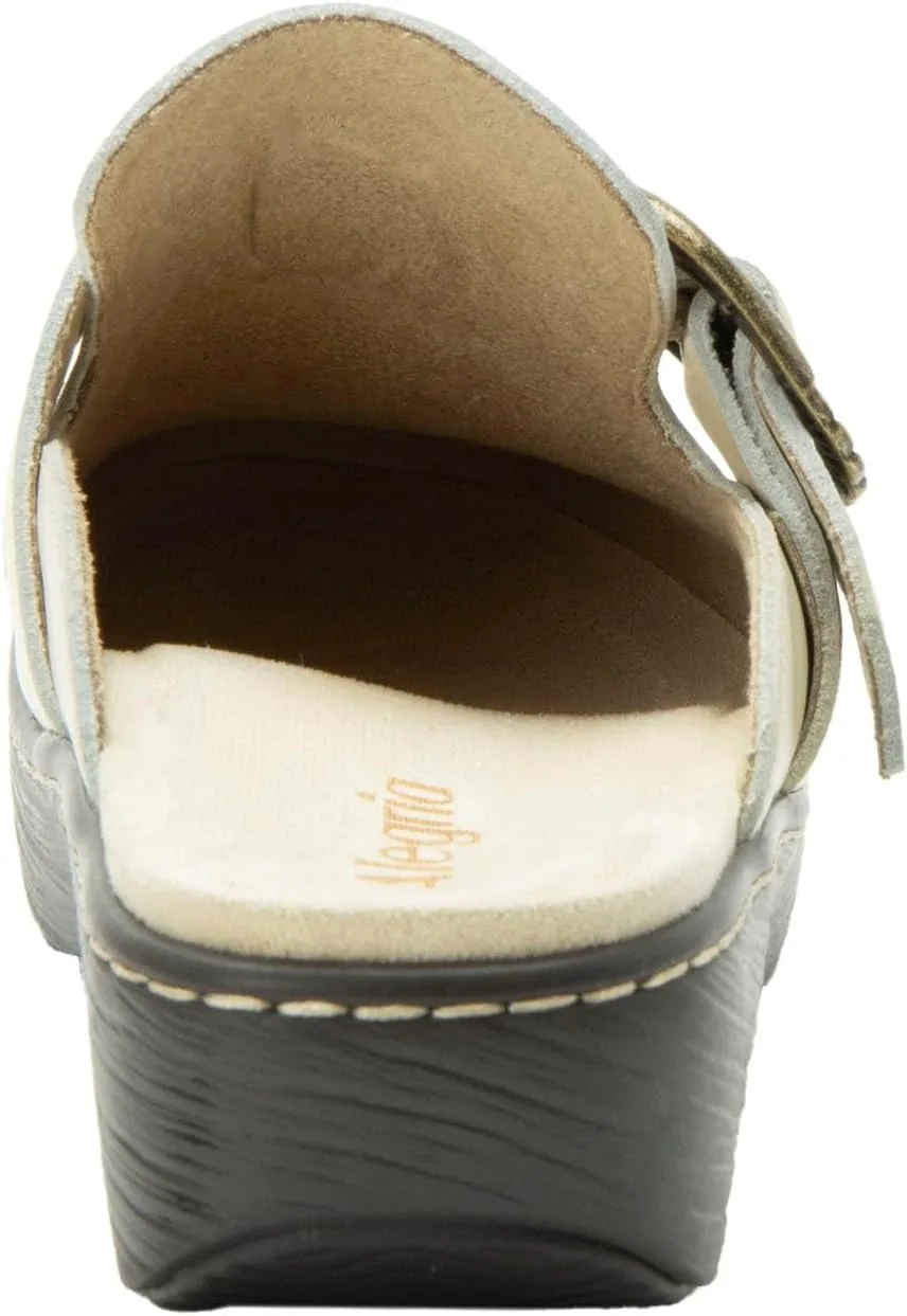 Alegria Women's Osmosis Open Back Wood Look Rocker Leather Clog Heel view 3
