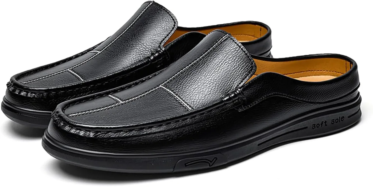 Men's Leather Flat Mules Comfortable Slip-on Round Toe Lightweight Non-Slip Ba view 5