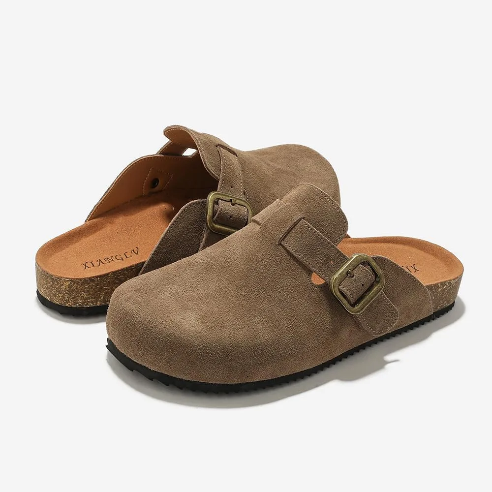 Women's Suede Clogs Leather Mules Comfort Cork Footbed Sandals Potato Shoes wi view 6