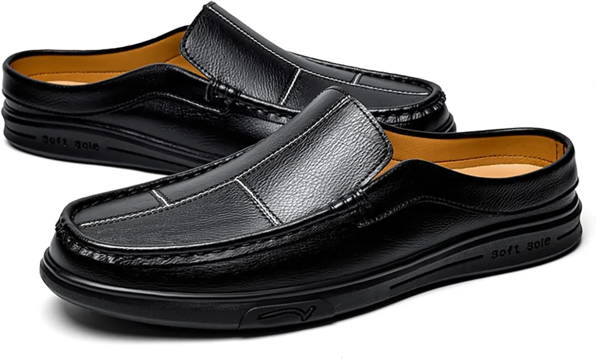 Men's Leather Flat Mules Comfortable Slip-on Round Toe Lightweight Non-Slip Ba view 6