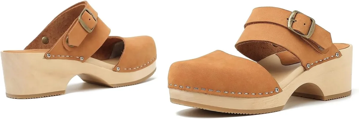 Women's Handmade Wooden Clog Mule 2.3" Open Back Leather Clogs Classic Ankle-S view 6