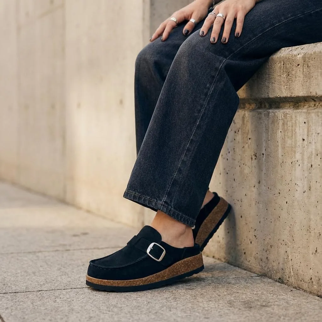 CUSHIONAIRE Hobby Genuine Leather Suede Mule Clogs for Women with Buckle Strap view 3