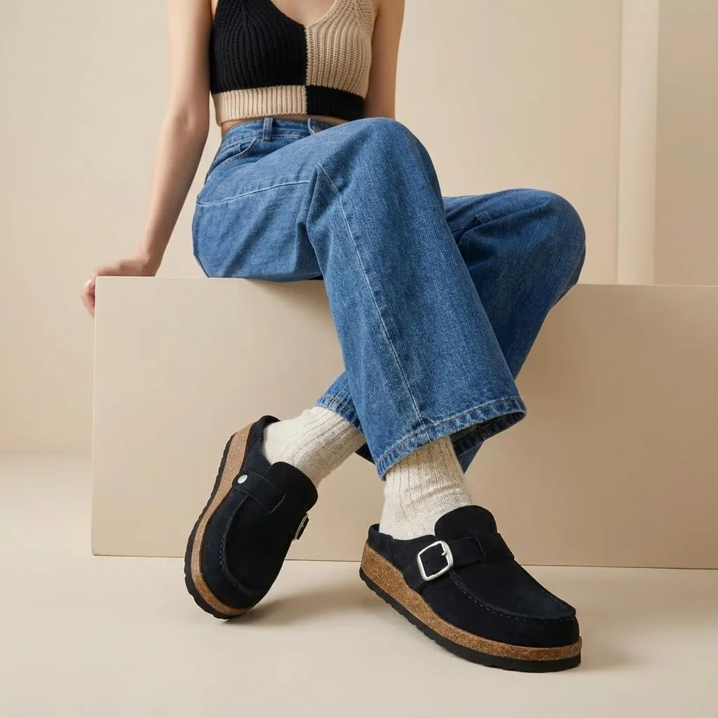 CUSHIONAIRE Hobby Genuine Leather Suede Mule Clogs for Women with Buckle Strap view 2