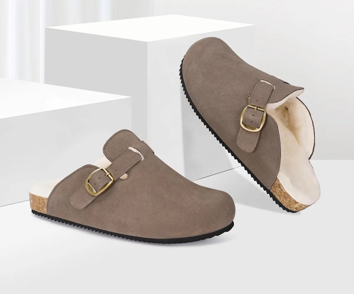 Womens Fur Lined Suede Clogs Mens Fuzzy Leather Mules Cork Footbed Slip On Win view 2