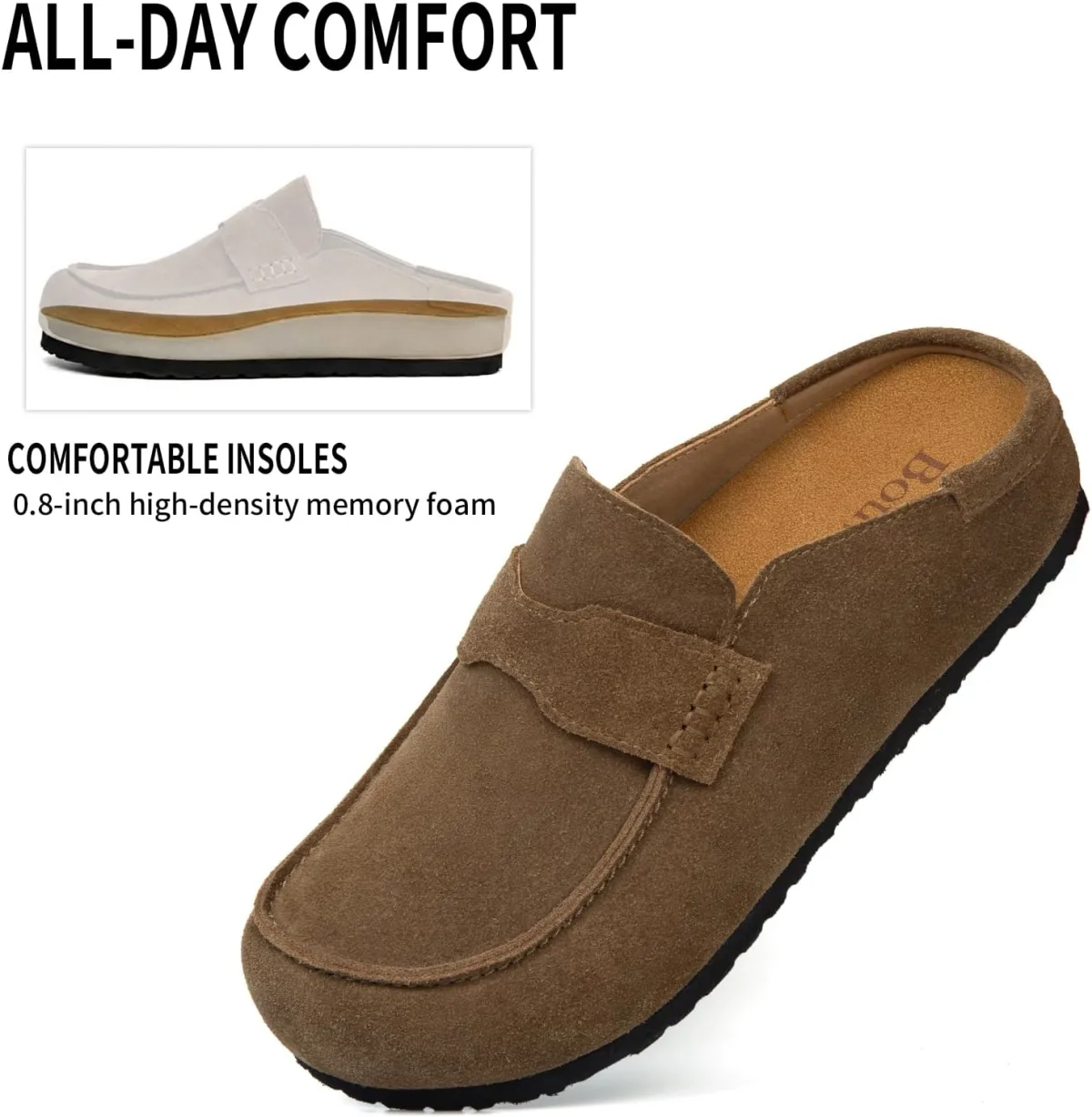 Women's Suede Mules Genuine Leather Clogs Closed Square Toe Slip On Durable Cl view 4