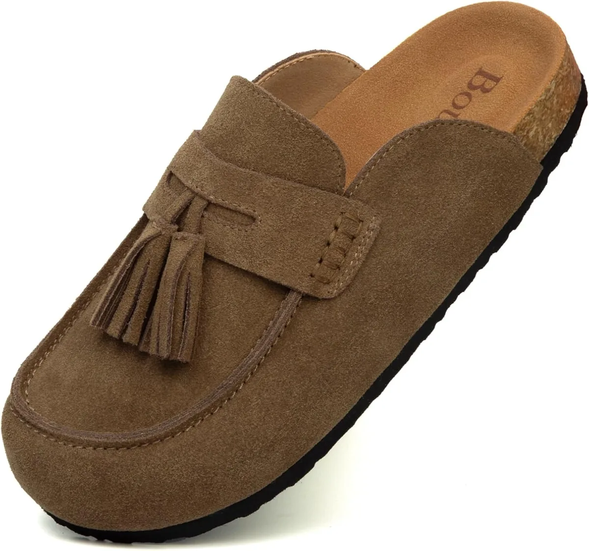Suede Clogs for Women Genuine Leather Mules with Tassel Fringe Comfort Cork Fo view 6