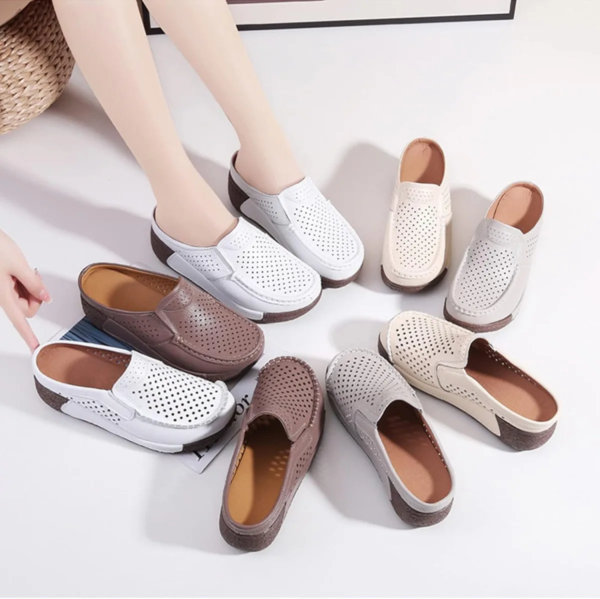 UGOSELEC Women Leather Breathable Slip On Mules,Casual Hollow Out Non-Slip Arc view 5
