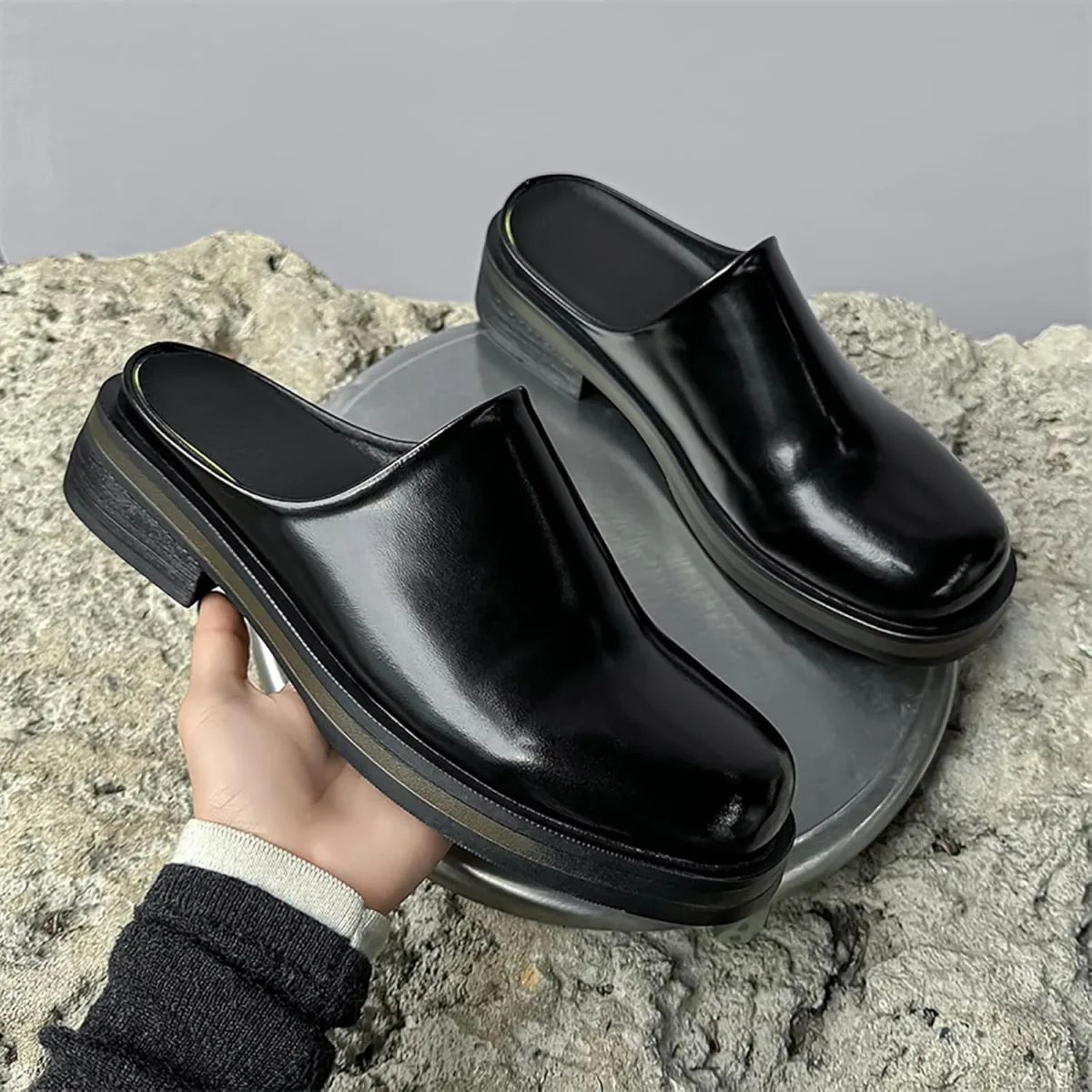 Men's Patent Leather Slip-On Mules & Clogs Comfortable Breathable Backless Loa view 2