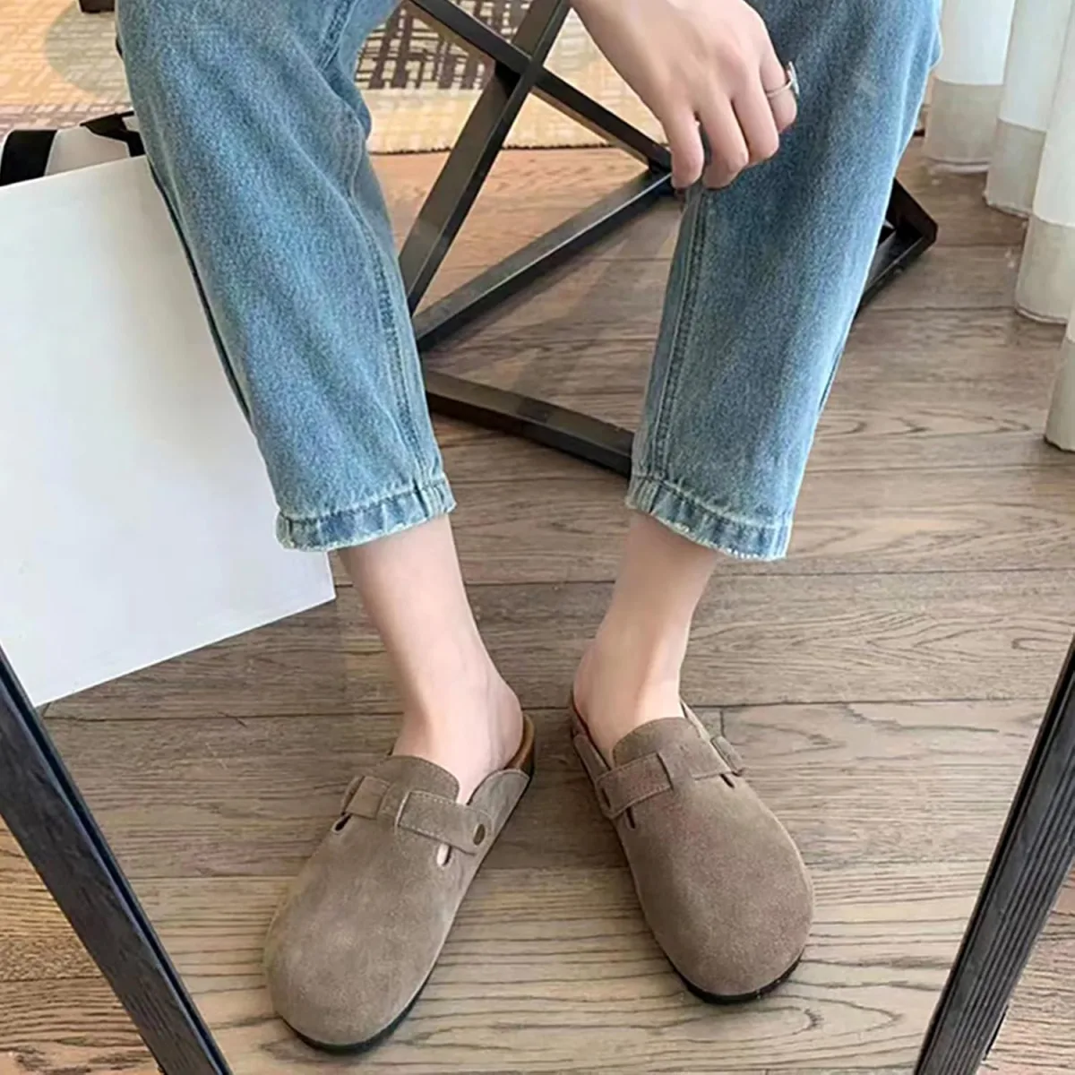 ZUSERIS Women's Men's Suede Clogs Wide Width Leather Mules Cork Footbed Sandal view 2