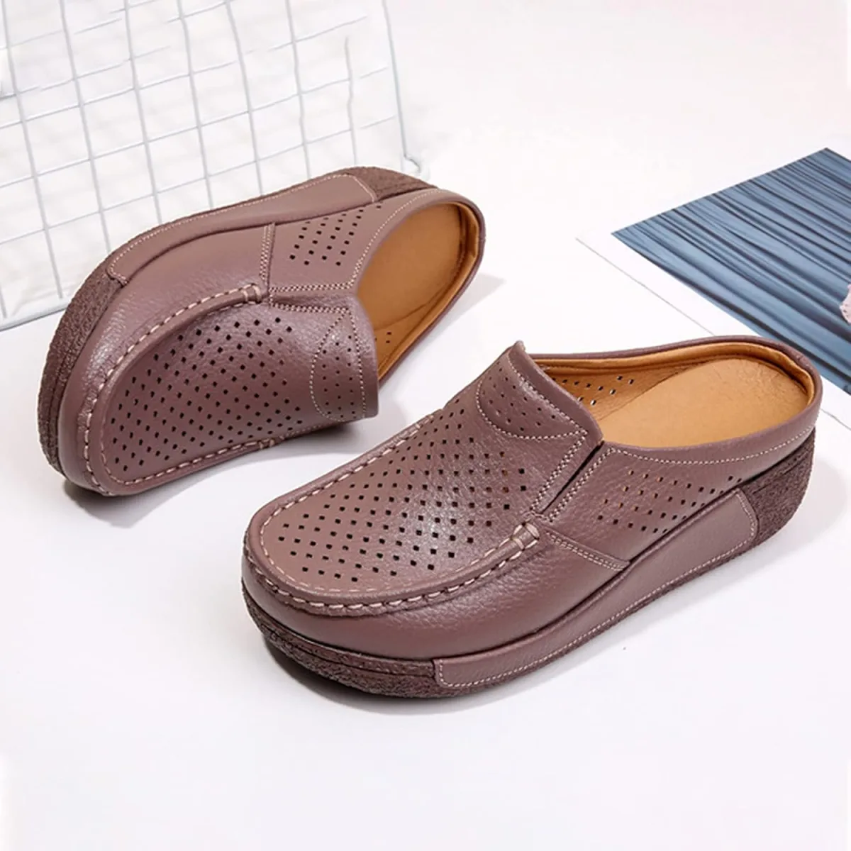 UGOSELEC Women Leather Breathable Slip On Mules,Casual Hollow Out Non-Slip Arc view 2
