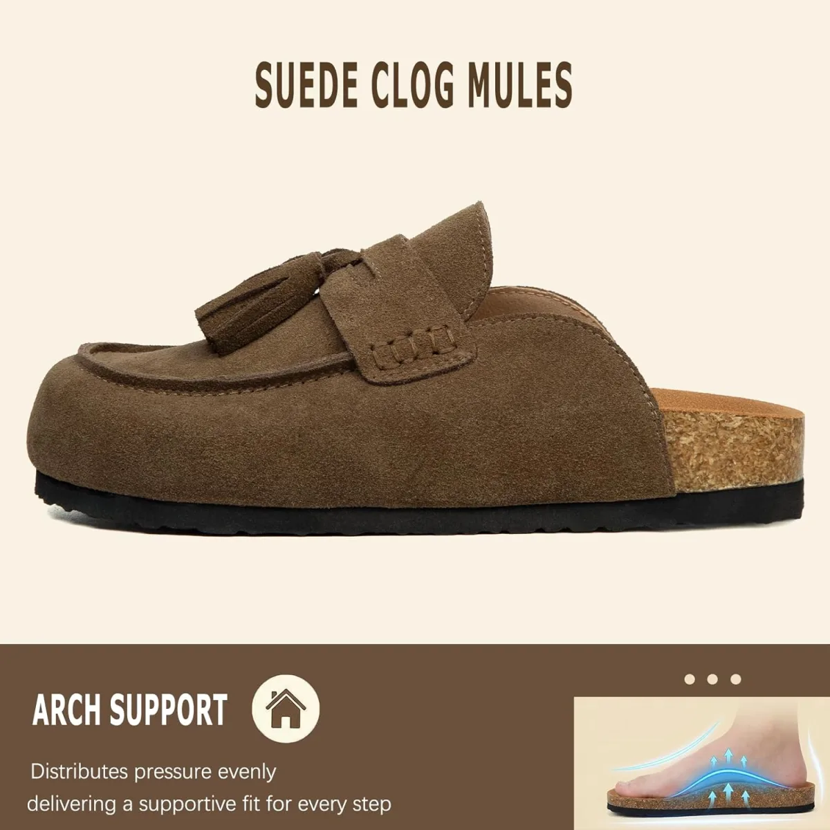 Suede Clogs for Women Genuine Leather Mules with Tassel Fringe Comfort Cork Fo view 5