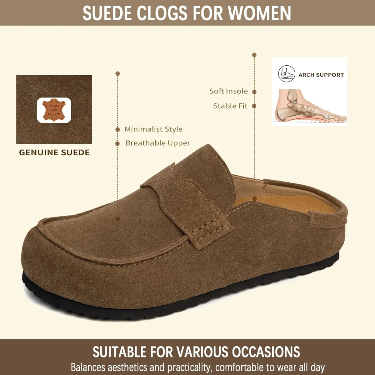Women's Suede Mules Genuine Leather Clogs Closed Square Toe Slip On Durable Cl view 3