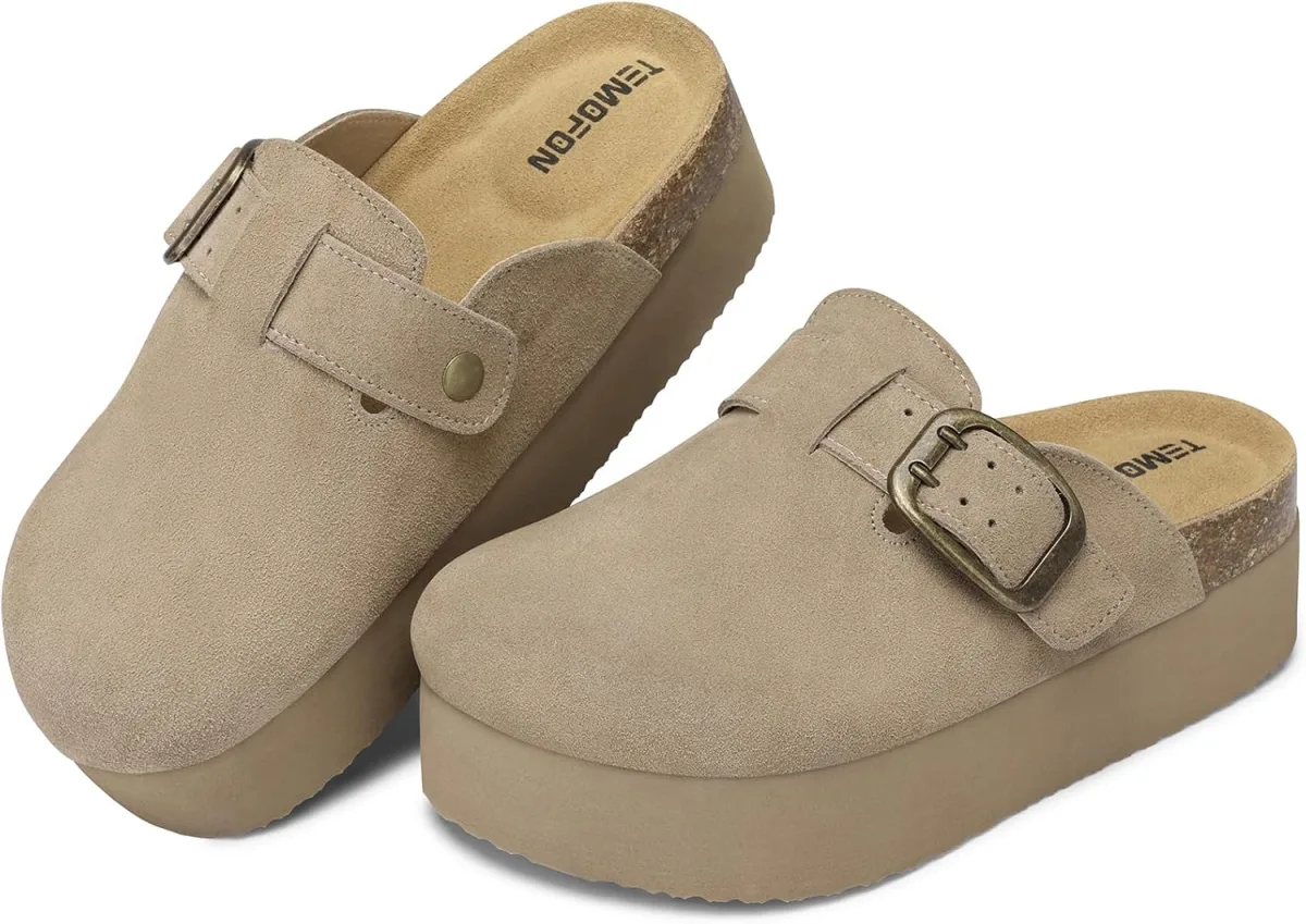 TEMOFON Genuine Suede Clogs for Women: Comfortable Leather Platform Mules & Cl view 6