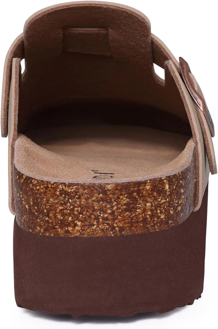 KIDMI Women's Platform Clogs Leather Mules Cork Footbed Potato Shoes view 5