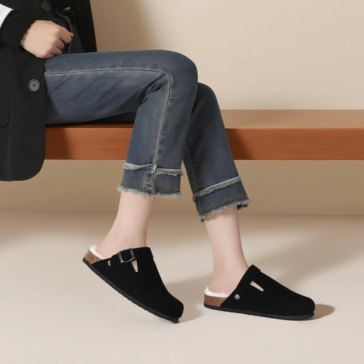 Suede Clogs for Women Leather Mules Adjustable Buckle with Comfort Cork Footbe view 2