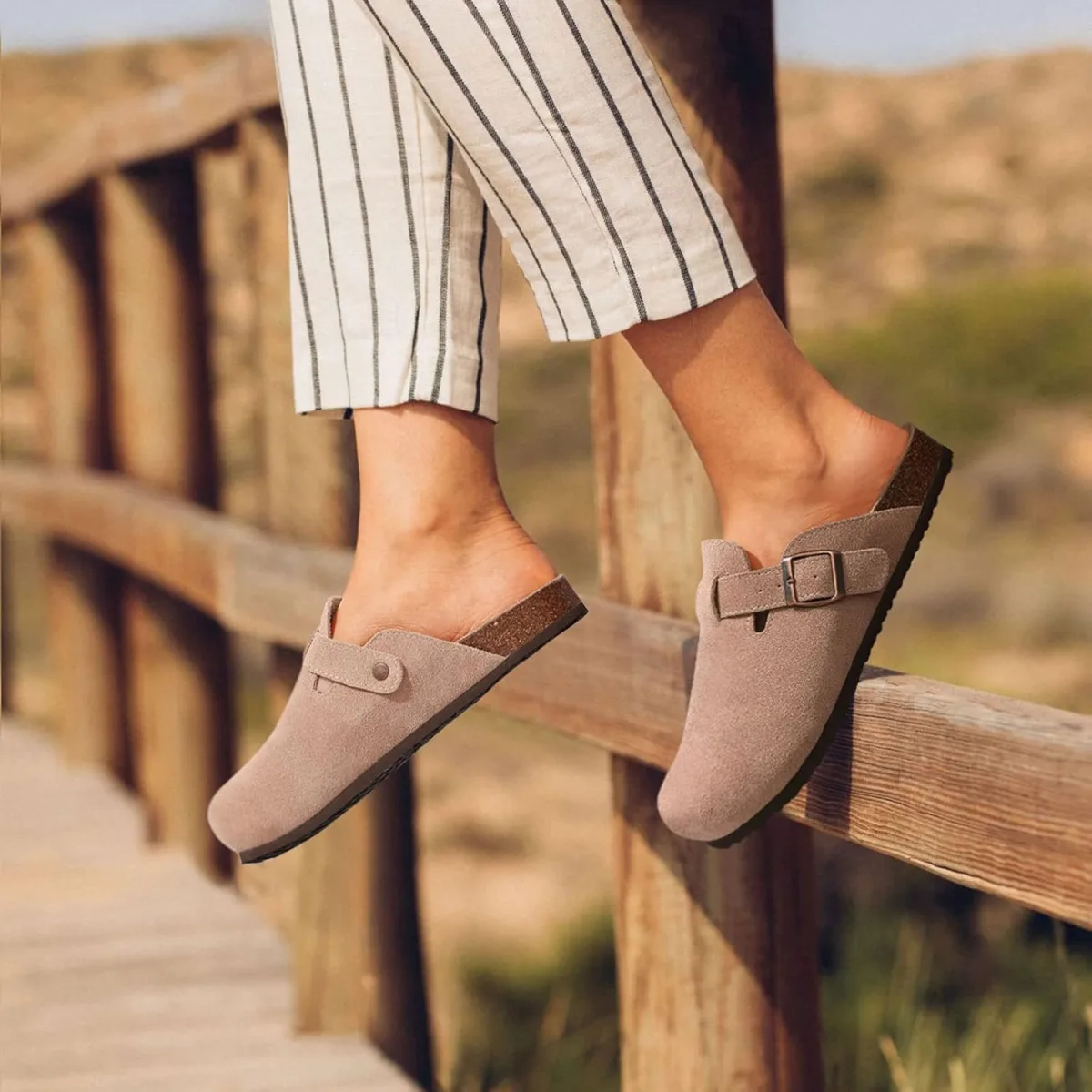 KIDMI Genuine Suede Clogs for Women Cork Footbed Sandals Leather Mules Potato view 2
