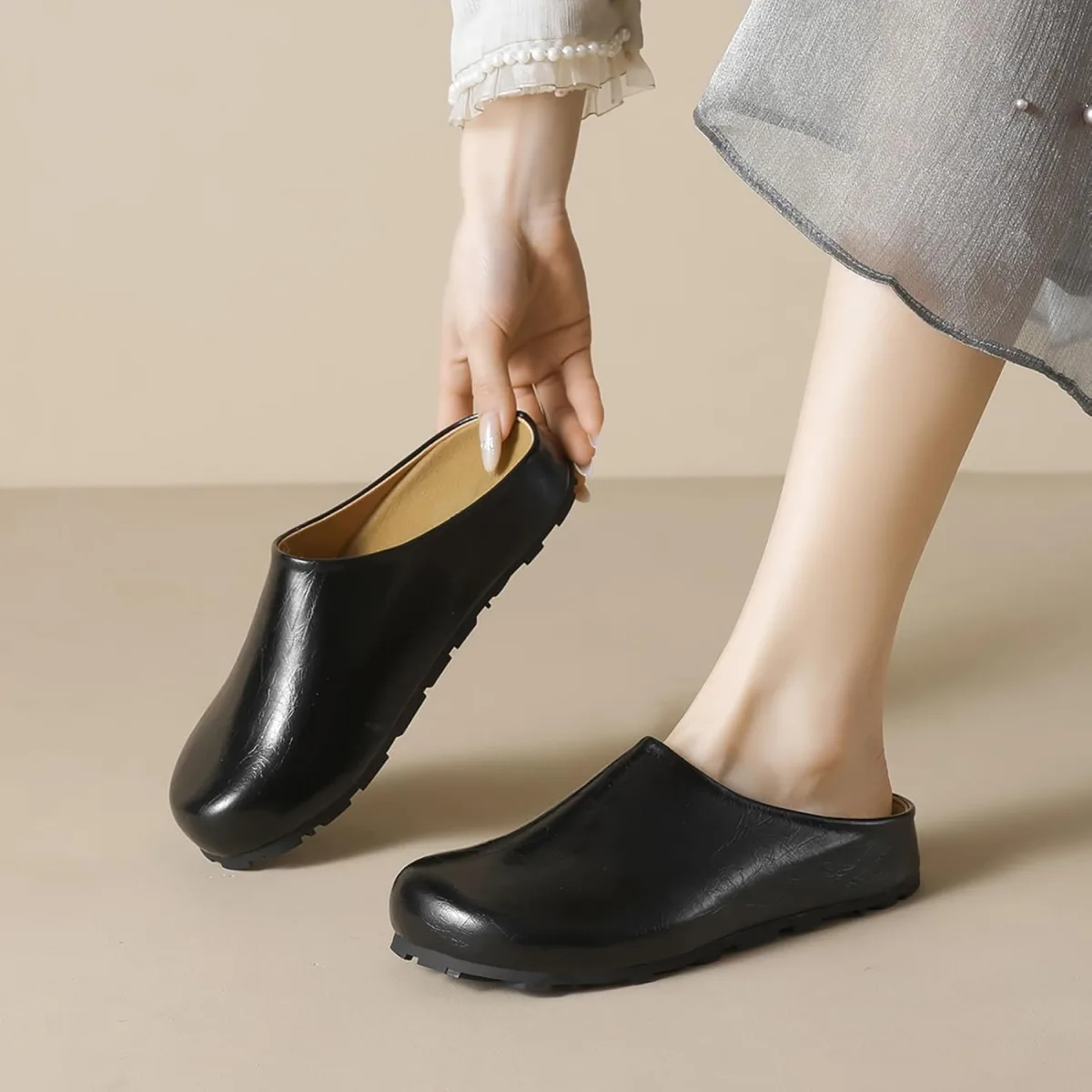 Women's Leather Clogs Slip-on Mules with Arch Support Soft Cork Footbed Potato view 4