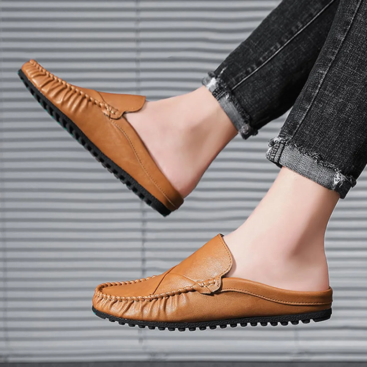 Men’s Handmade Leather Mules Clogs Slip-On Backless Loafers Breathable Comfort view 5
