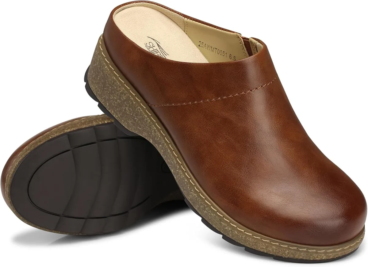 SHIBEVER Clogs for Women Mules Shoes Leather Slip On Clog Closed Toe Comfortab view 6