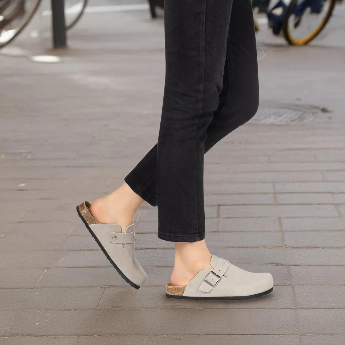Women's Suede Clogs Slip-On Buckle Slides Leather Mules Cork Footbed Sandals P view 3