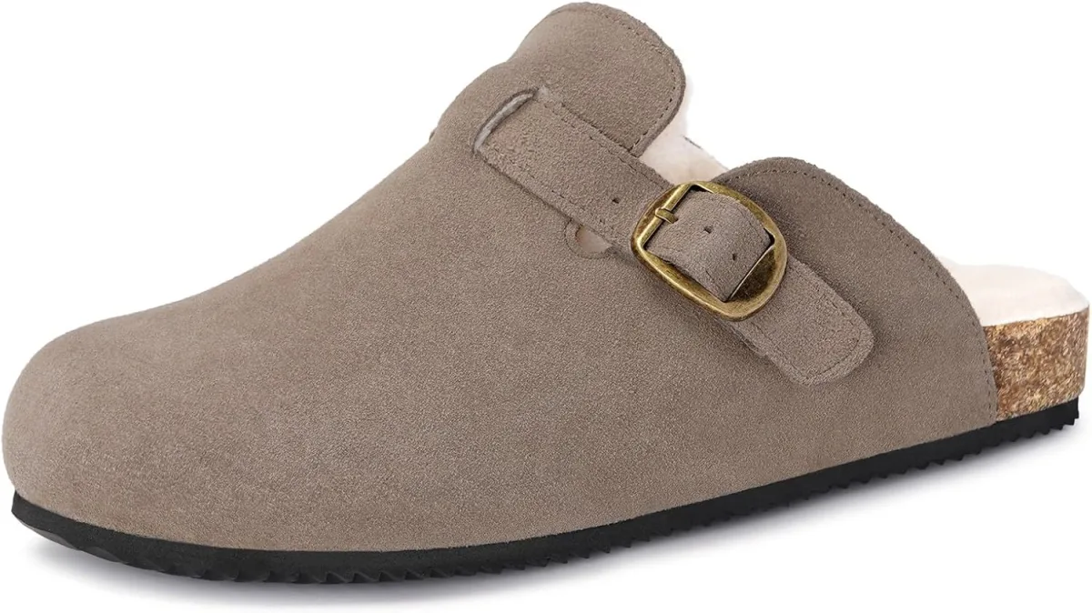 Womens Fur Lined Suede Clogs Mens Fuzzy Leather Mules Cork Footbed Slip On Win view 3