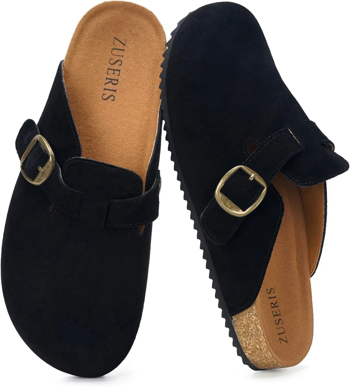 ZUSERIS Women's Men's Suede Clogs Wide Width Leather Mules Cork Footbed Sandal view 6