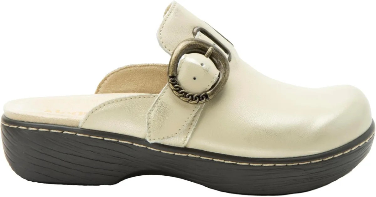 Alegria Women's Osmosis Open Back Wood Look Rocker Leather Clog Heel view 2