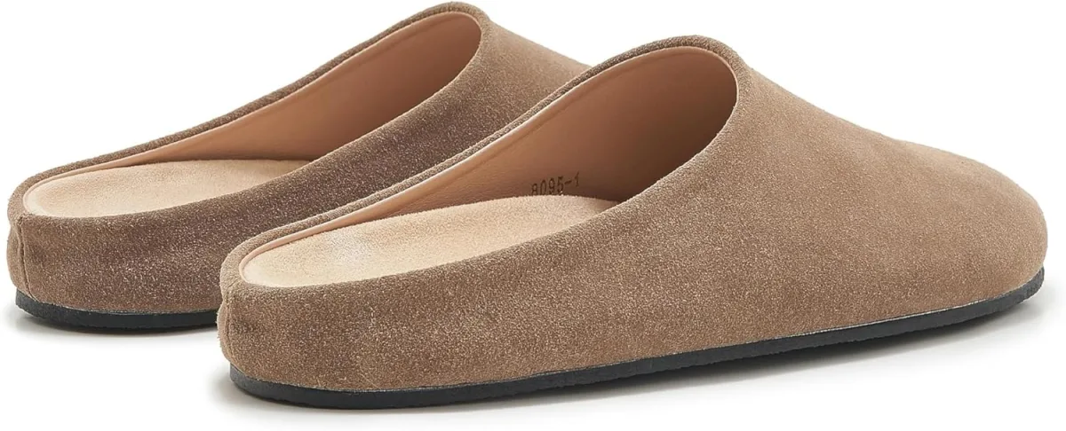 Women's Suede Clogs Round Toe Leather Mules Cork Footbed Clog with Arch Suppor view 4