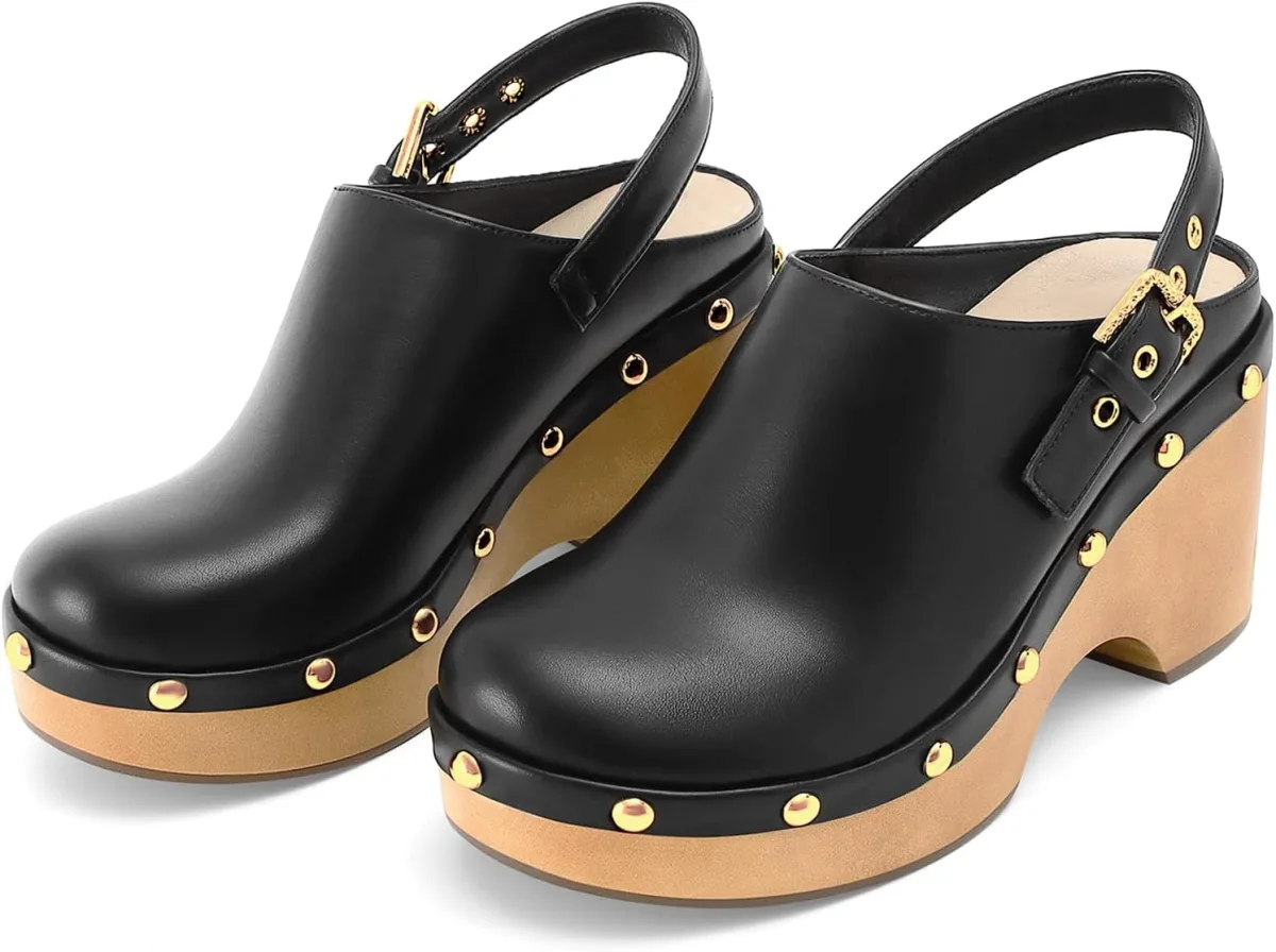 Women’s Leather Studded Clogs Closed Toe Slip on Vintage Platform Mules Wedge view 4