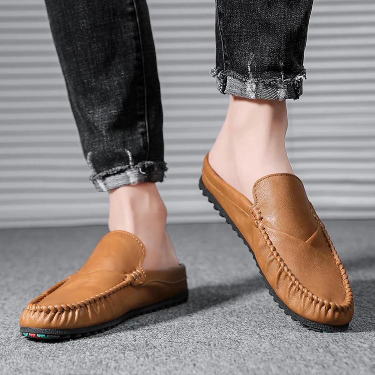 Men’s Handmade Leather Mules Clogs Slip-On Backless Loafers Breathable Comfort view 2