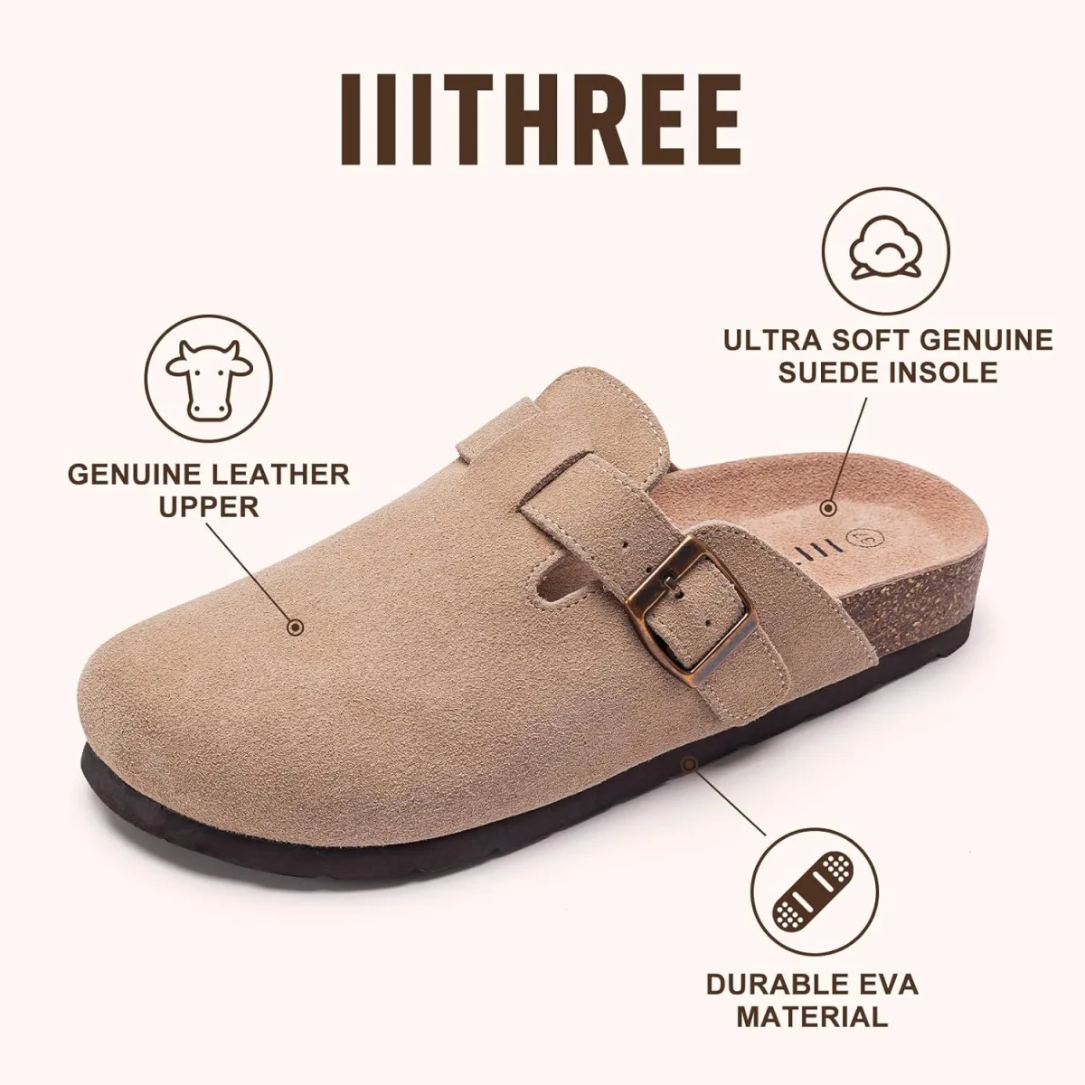 IIITHREE Women's Suede Clogs Cork Footbed Clogs for Women Soft Leather Adjusta view 4