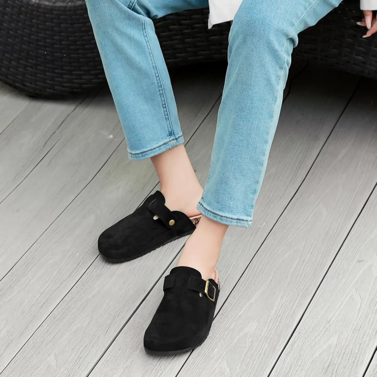 Women's Suede Clogs Mens Leather Mules Comfort Cork Footbed Antislip House San view 2