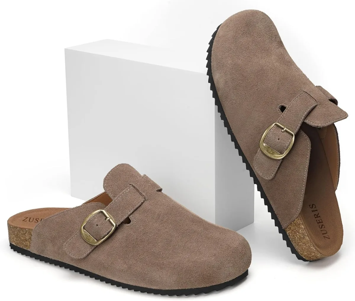 ZUSERIS Women's Men's Suede Clogs Wide Width Leather Mules Cork Footbed Sandal view 5