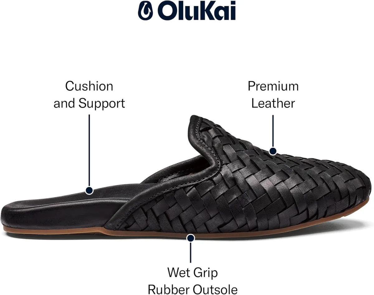 OLUKAI Mi'I Women's Slip-On Mules, Premium Leather & Woven Details, Arch Suppo view 4
