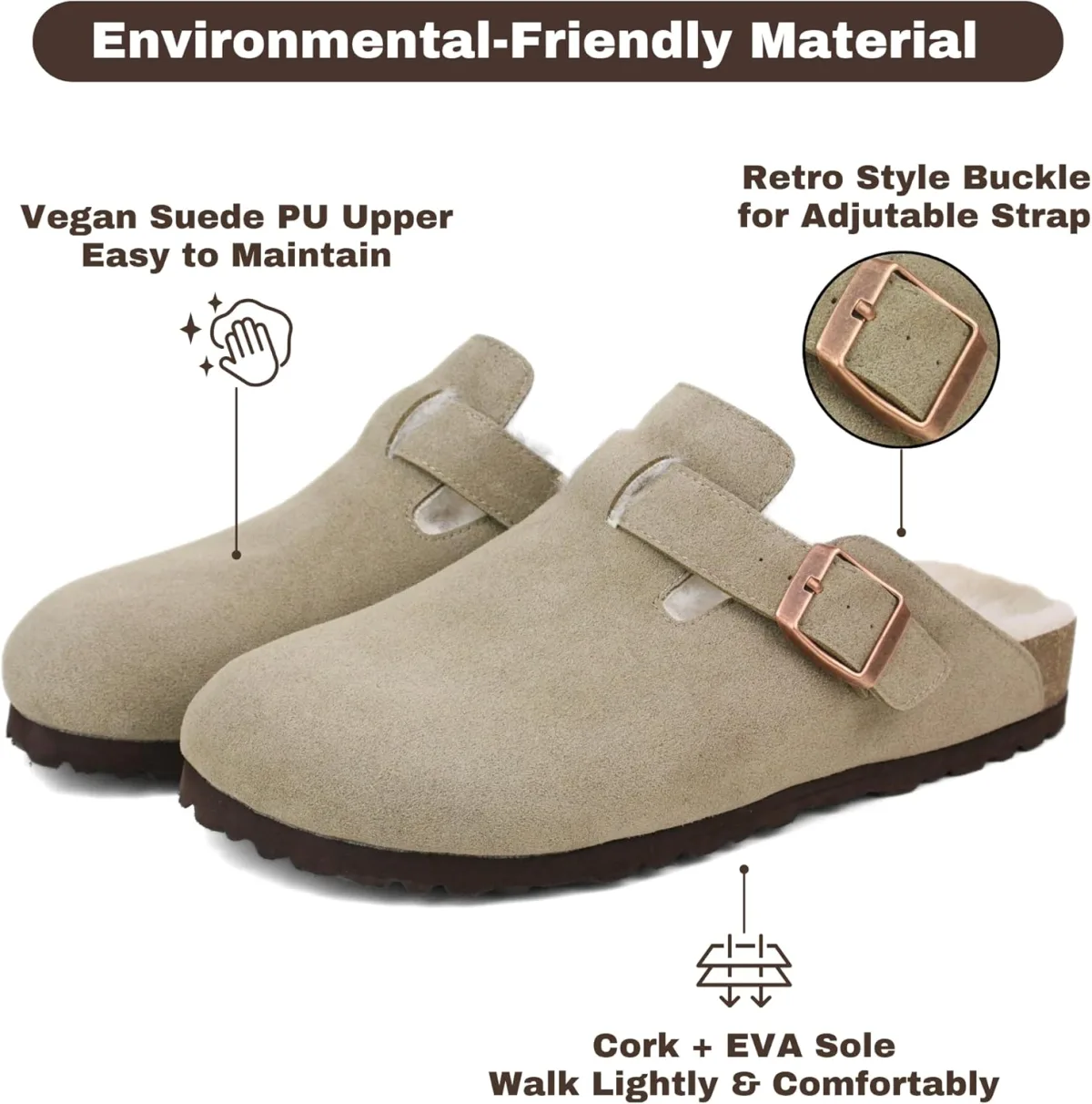 Fur Lined Suede Clogs for Women Men, Slip-On Fuzzy Slippers with Adjustable St view 4