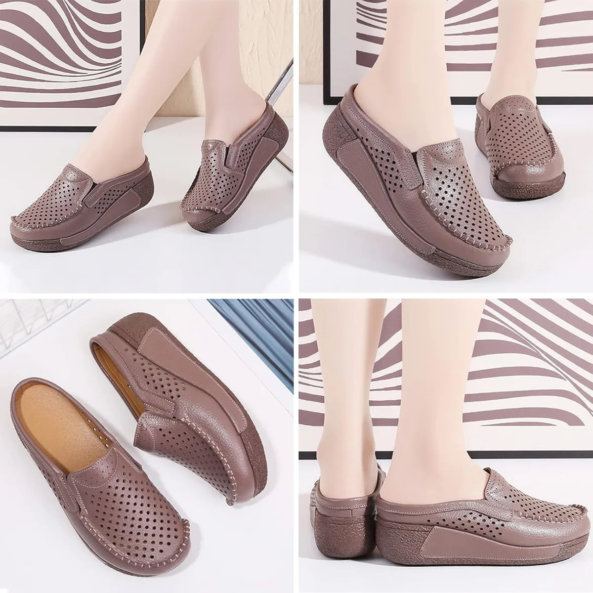 UGOSELEC Women Leather Breathable Slip On Mules,Casual Hollow Out Non-Slip Arc view 4