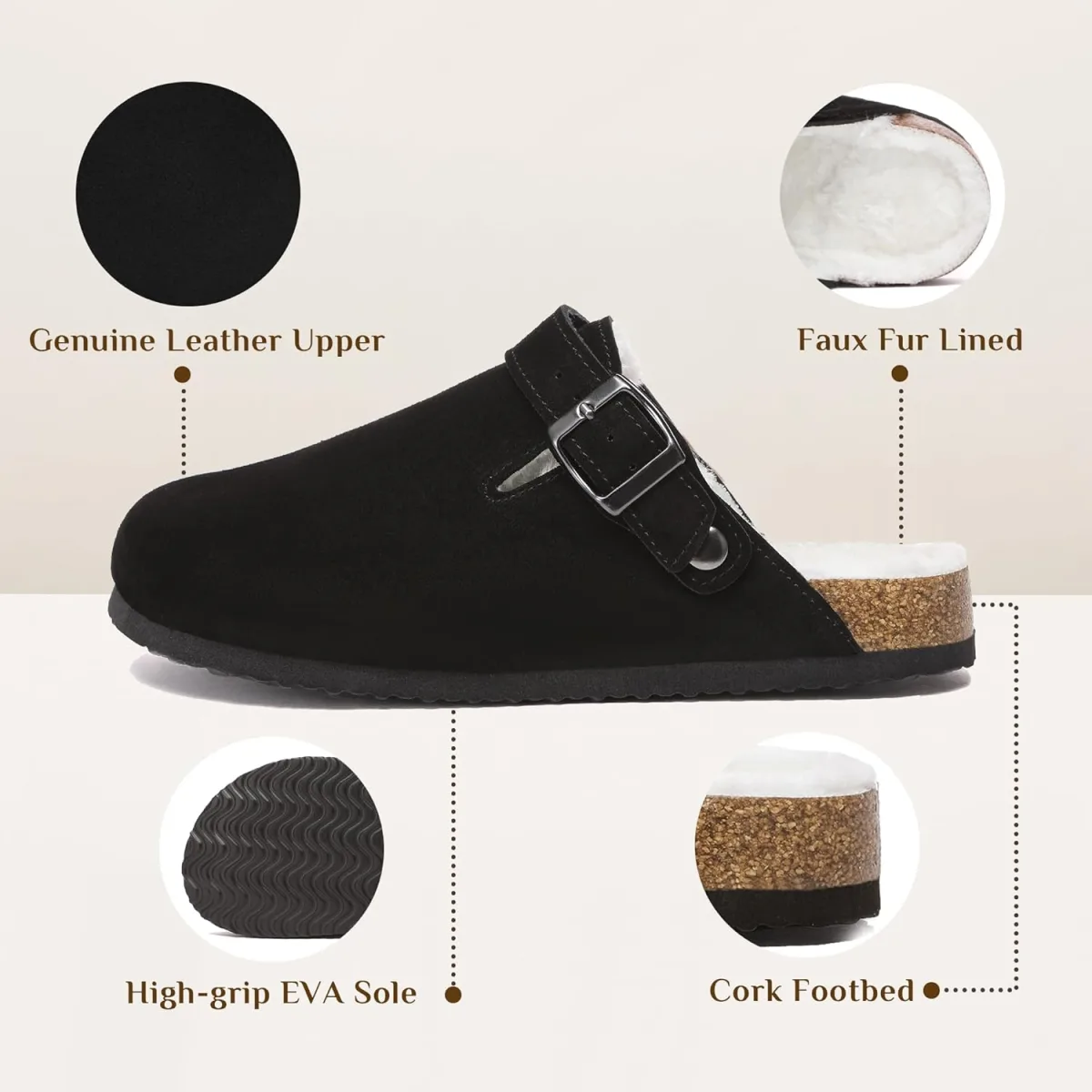 Suede Clogs for Women Leather Mules Adjustable Buckle with Comfort Cork Footbe view 5