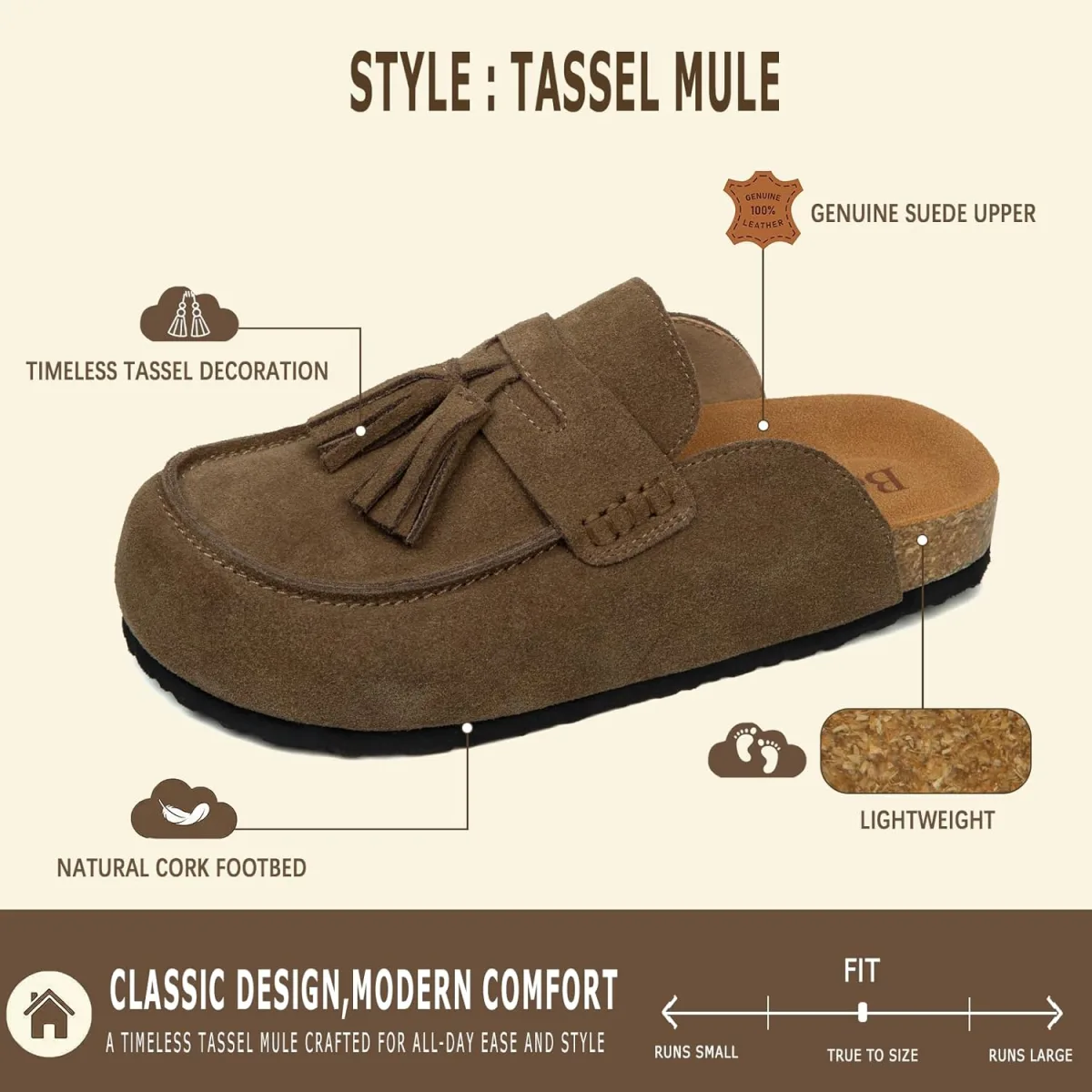 Suede Clogs for Women Genuine Leather Mules with Tassel Fringe Comfort Cork Fo view 4