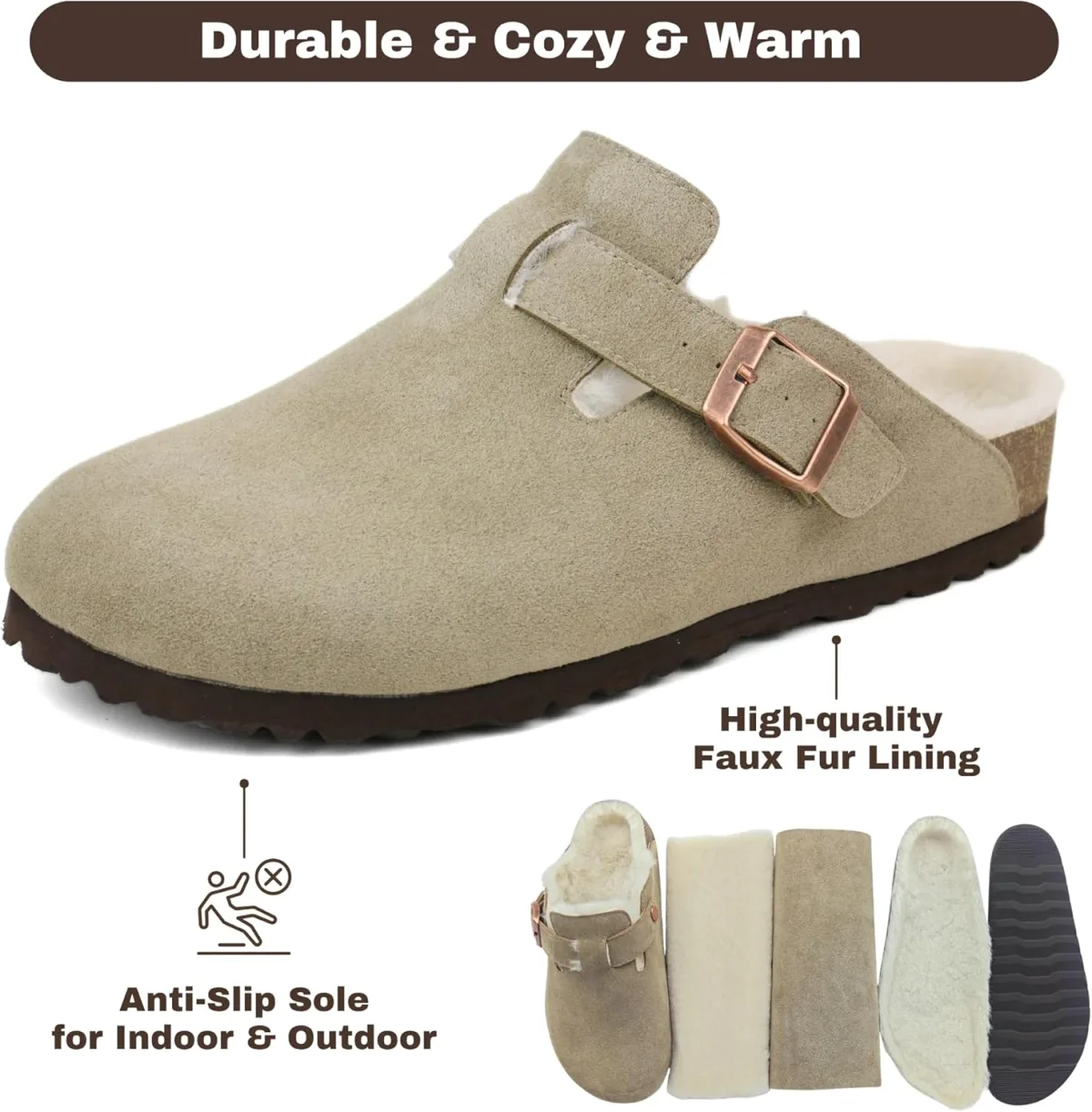 Fur Lined Suede Clogs for Women Men, Slip-On Fuzzy Slippers with Adjustable St view 5