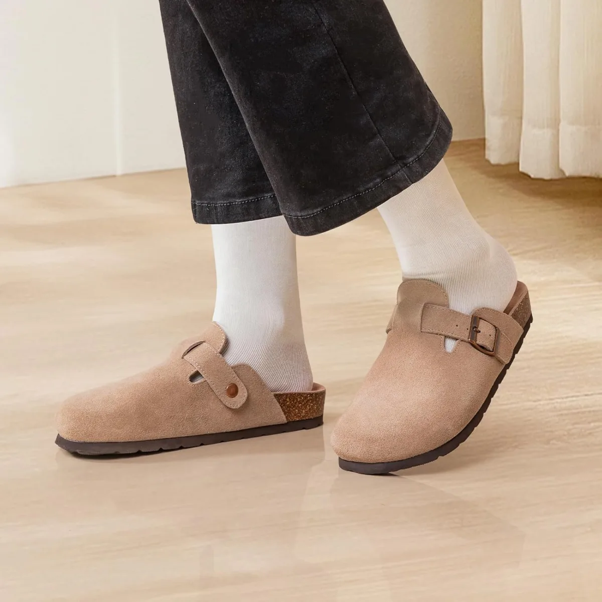 IIITHREE Women's Suede Clogs Cork Footbed Clogs for Women Soft Leather Adjusta view 2