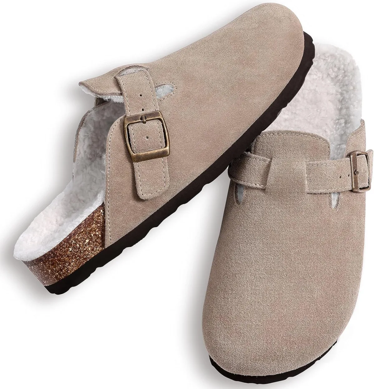 KIDMI Women's Fur Lined Suede Clogs Fuzzy Cork Footbed Mules Slip On Winter Po view 6