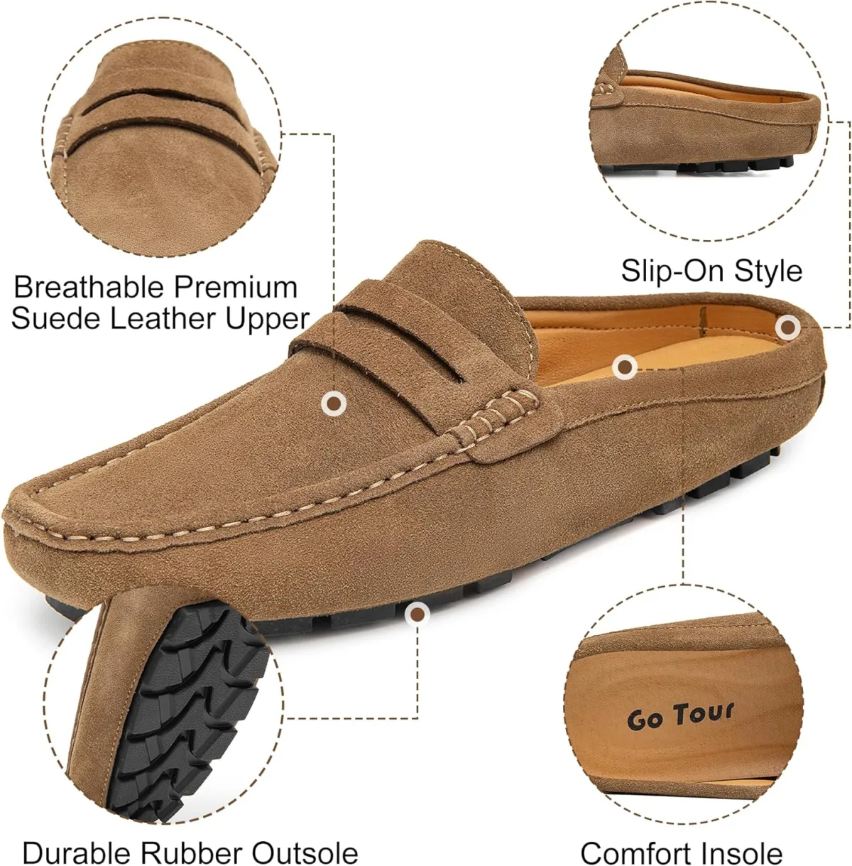 Go Tour Mens Handmade Suede Leather Mules Clog Slippers Breathable Leather Sli view 3