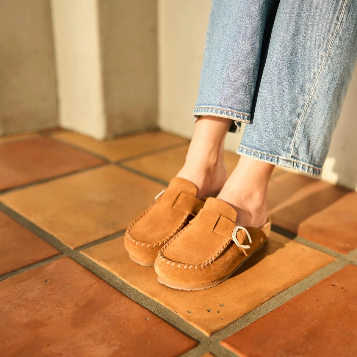 Minnetonka Women's Suede Buckle Clog Flexible Sole view 2
