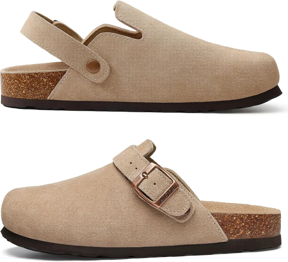 KIDMI Women's Suede Clogs with Back Strap Men's Leather Mules Cork Footbed Sli view 3