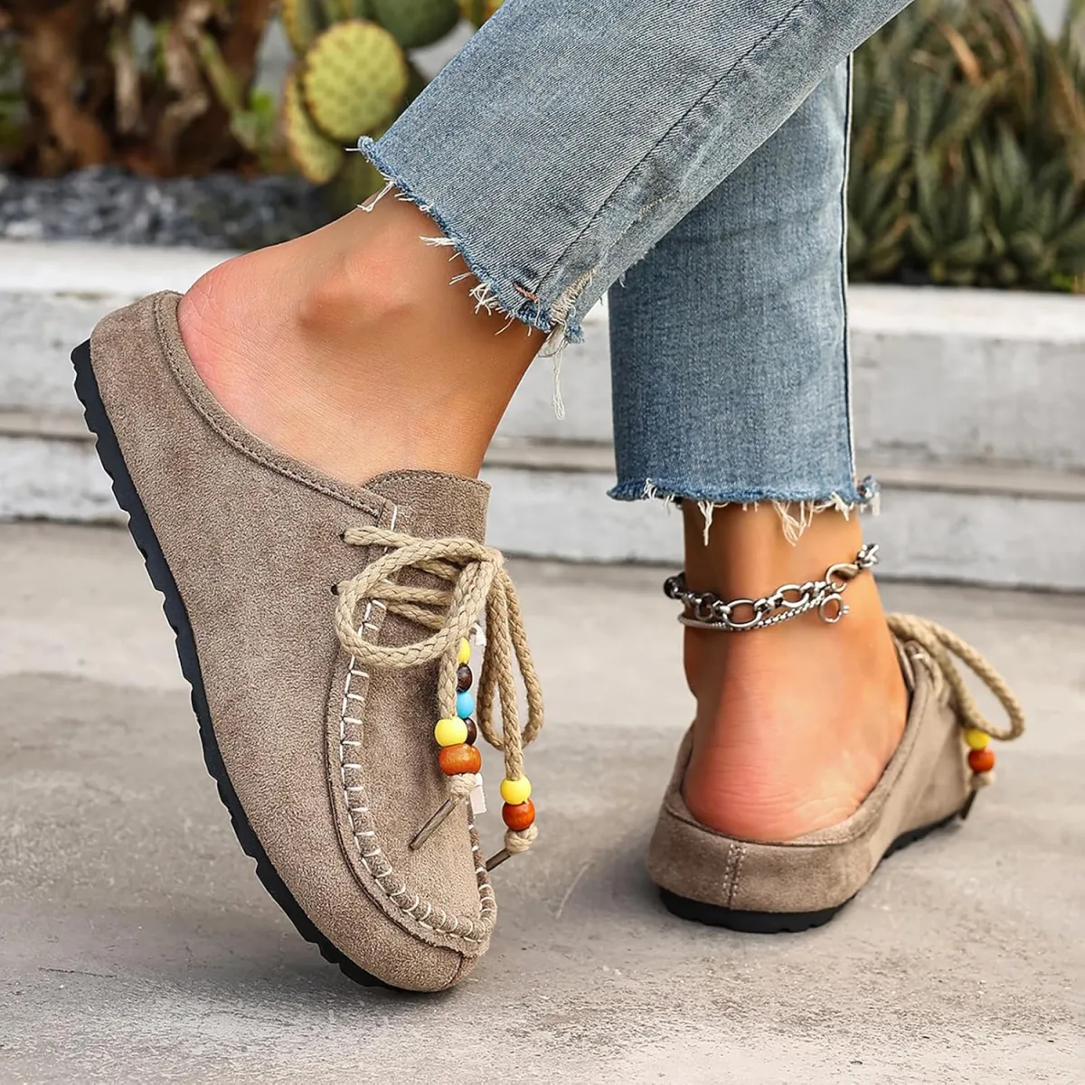 Women's Suede Flat Moccasin Mules with Beaded Casual Comfortable Round Toe Sof view 3
