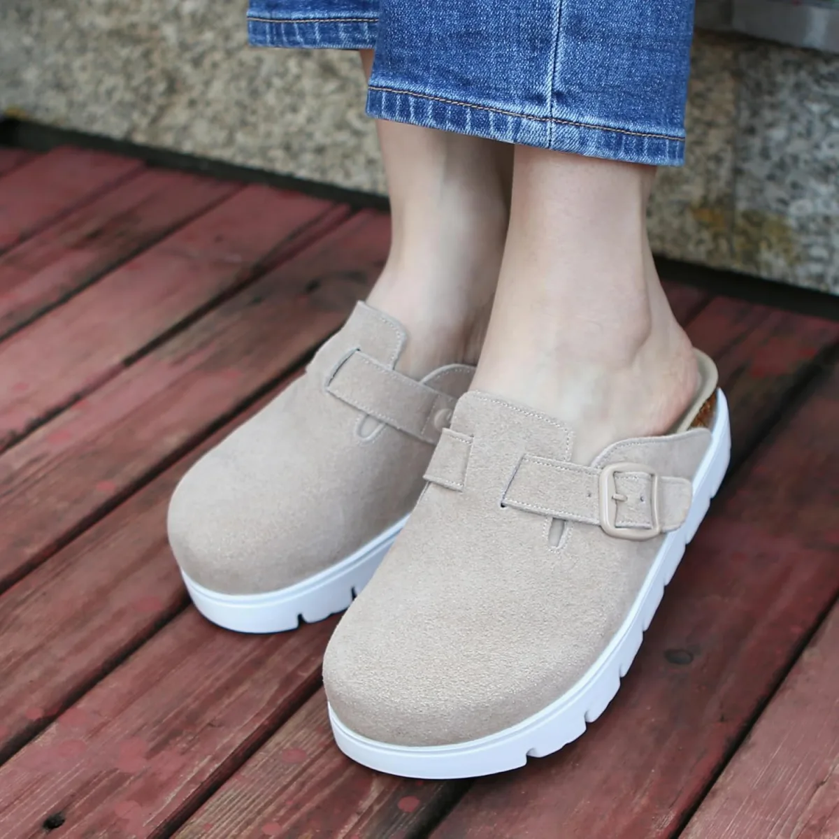 Genuine Suede Clogs for Women Platform Shoes，Leather Comfort Potato Shoes Chun view 2