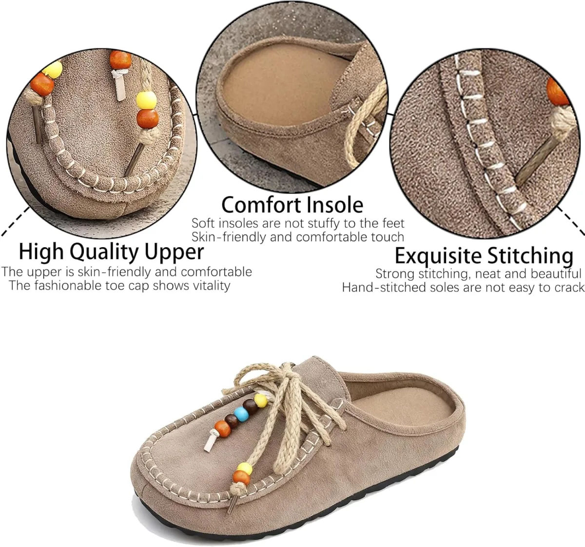 Women's Suede Flat Moccasin Mules with Beaded Casual Comfortable Round Toe Sof view 5