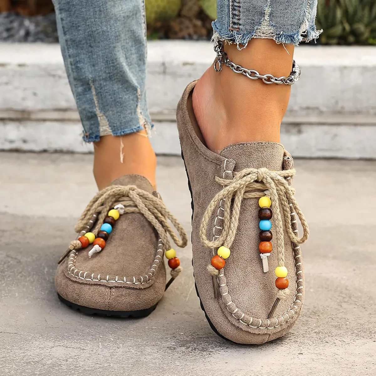 Women's Suede Flat Moccasin Mules with Beaded Casual Comfortable Round Toe Sof view 2