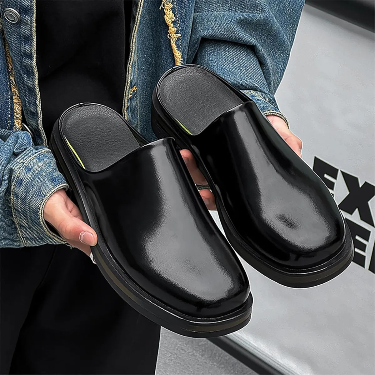 Men's Patent Leather Slip-On Mules & Clogs Comfortable Breathable Backless Loa view 3
